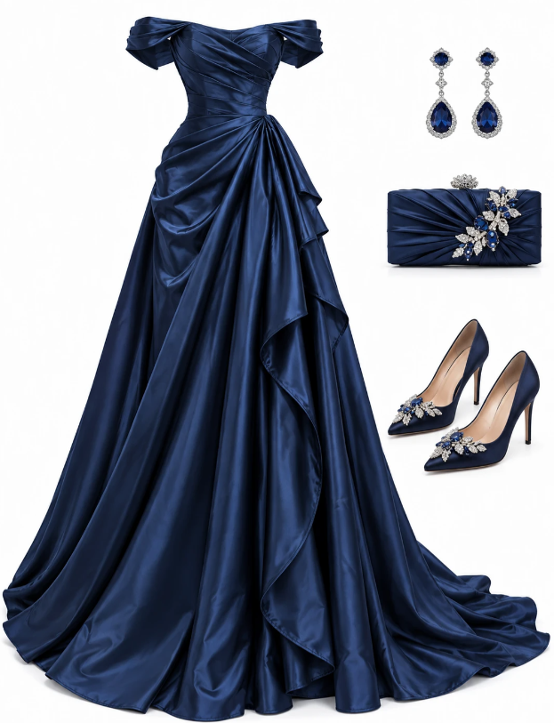 Robe de bal bleu marine tendance, robe de soirée longue en satin coupe trapèze ED11539