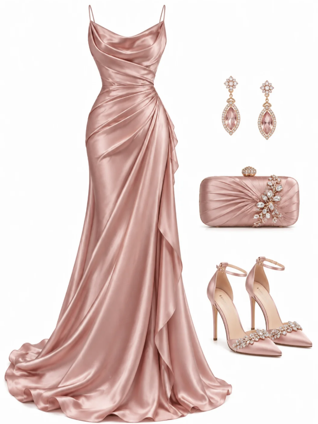 Hübsches rosa Etuikleid für den Abschlussball, langes Abendkleid aus Satin ED11551