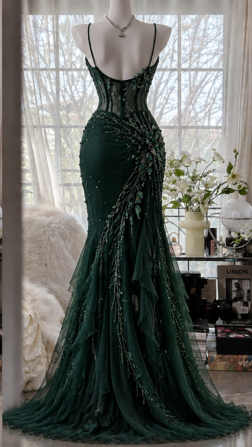 Vintage Mermaid Chiffon Beaded Long Evening Dress Dark Green Slit Prom Dress ED11572
