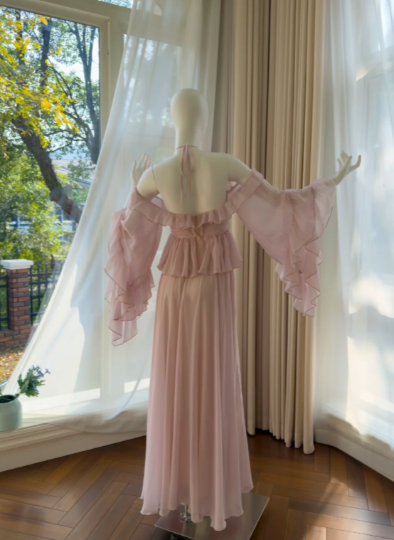 Gorgeous Sheath Long Chiffon Evening Dress Pink Prom Dress ED11583