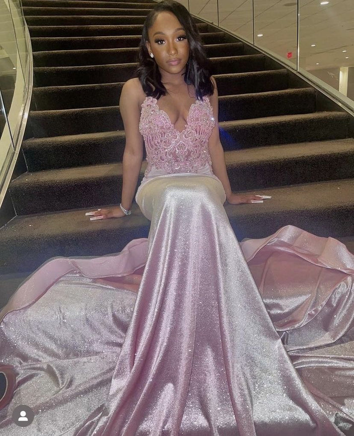 Gorgeous Sheath Satin Beaded Long Evening Dress Pink Prom Dress ED11585