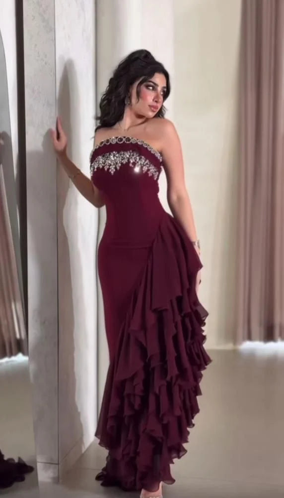 Gorgeous Sheath Chiffon Long Evening Dress Burgundy Prom Dress ED11586