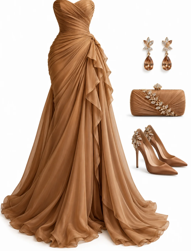 Gorgeous Sweetheart Sheath Chiffon Long Evening Dress Light Brown Prom Dress ED11589