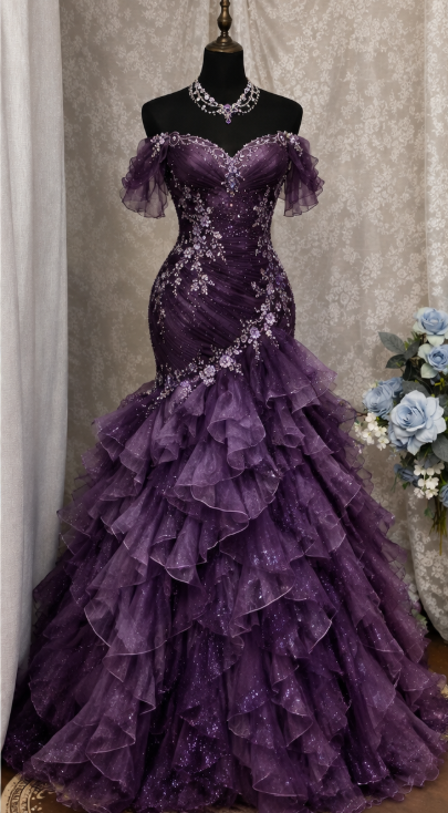 Fairy Off-shoulder A-Line Tulle Long Evening Dress Deep Purple Prom Dress ED11606