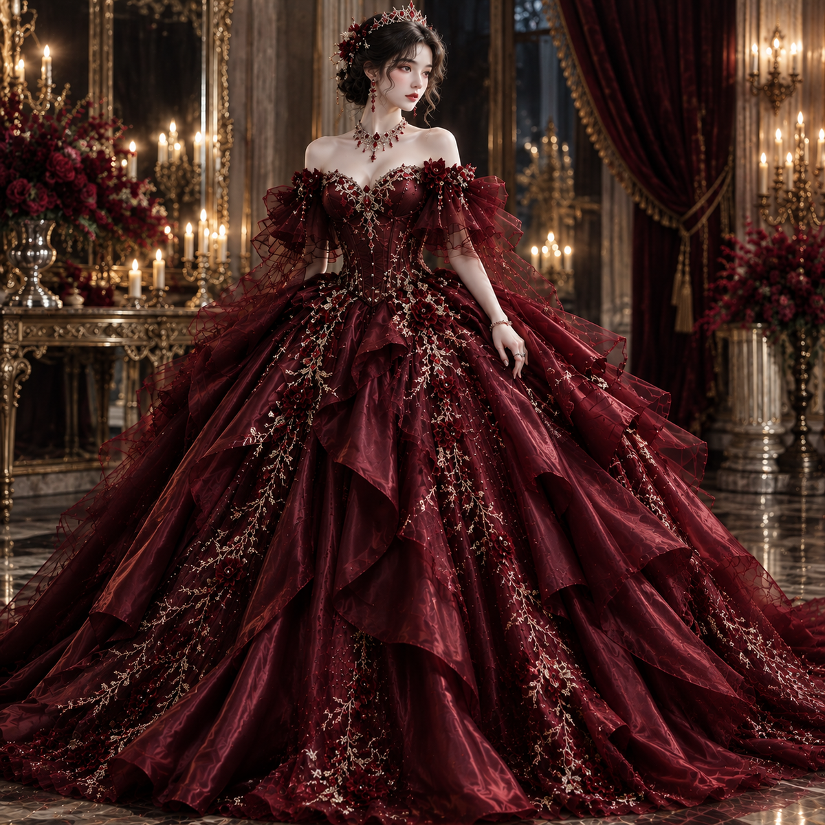 Fairy Off-shoulder Ball Gown Tulle Long Evening Dress Burgundy Prom Dress ED11611