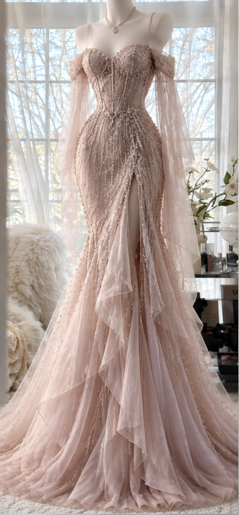 Vintage Pink Beaded Prom Dress Sheath Chiffon Long Evening Dress ED11616