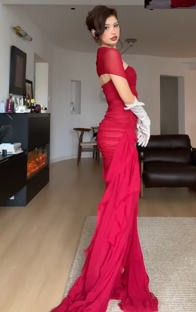 Magnifique robe de bal rouge, fourreau en mousseline, longue robe de soirée ED11639