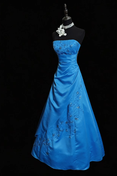Superbe robe de bal longue bleu sans bretelles, coupe trapèze en satin, modèle ED11645