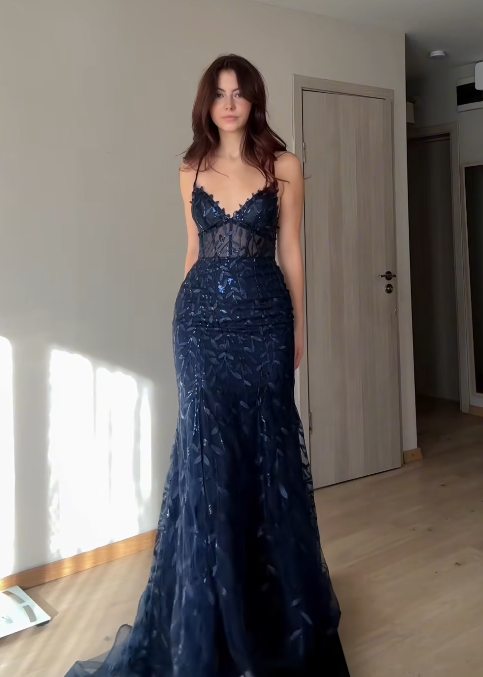 Gorgeous Navy Blue Prom Dress Sheath Tulle Sequins Long Evening Dress ED11650
