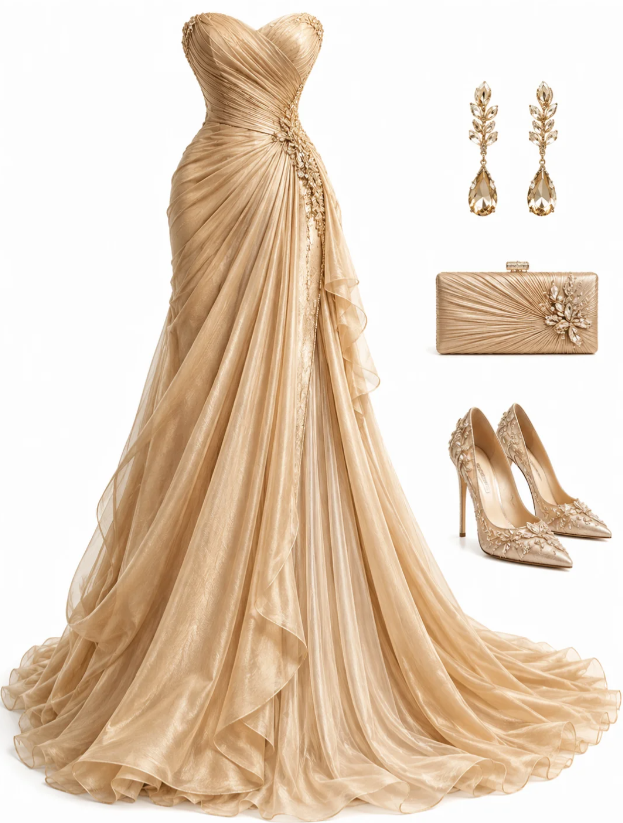 Robe de bal fourreau longue en mousseline doré clair magnifique ED11660