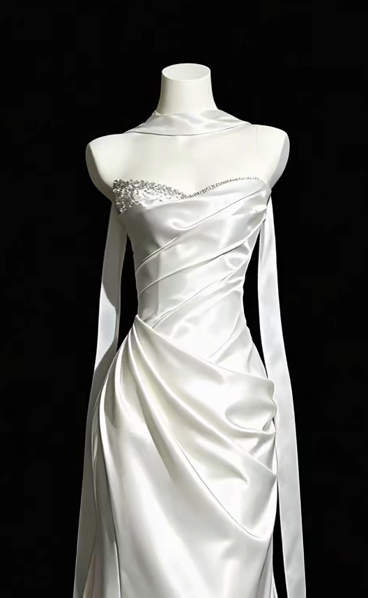Pretty Sheath Long Wedding Dress White Bridal Dress Satin Bridal Dress ED11672