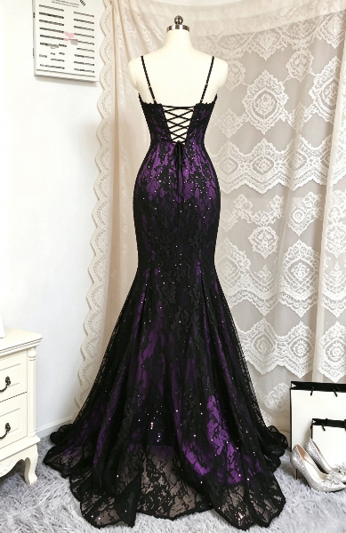 Chic Straps Mermaid Lace Long Evening Dress Deep Purple Prom Dress ED11684