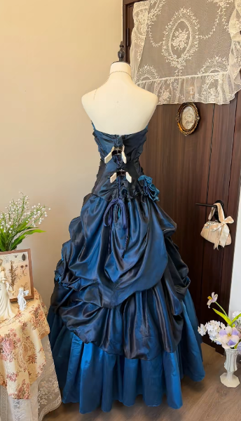 Chic Strapless A-Line Satin Long Evening Dress Blue Prom Dress ED11687