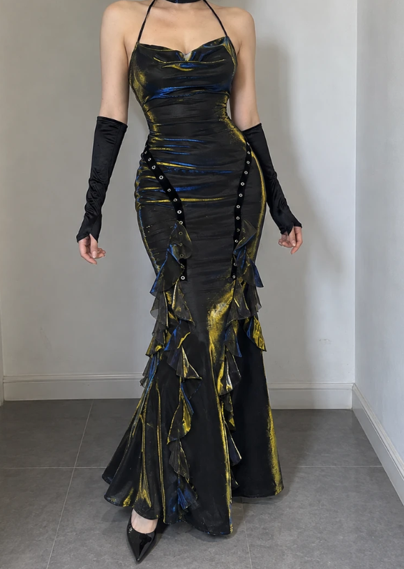 Gorgeous Sheath Satin Long Evening Dress Black with Gold Shimmer Prom Dress ED11696