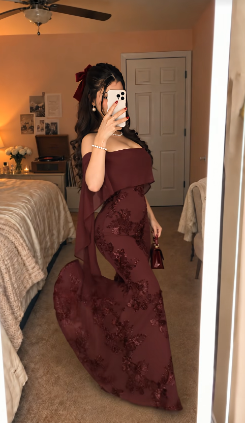 Gorgeous Strapless Mermaid Chiffon Long Evening Dress Burgundy Prom Dress ED11702
