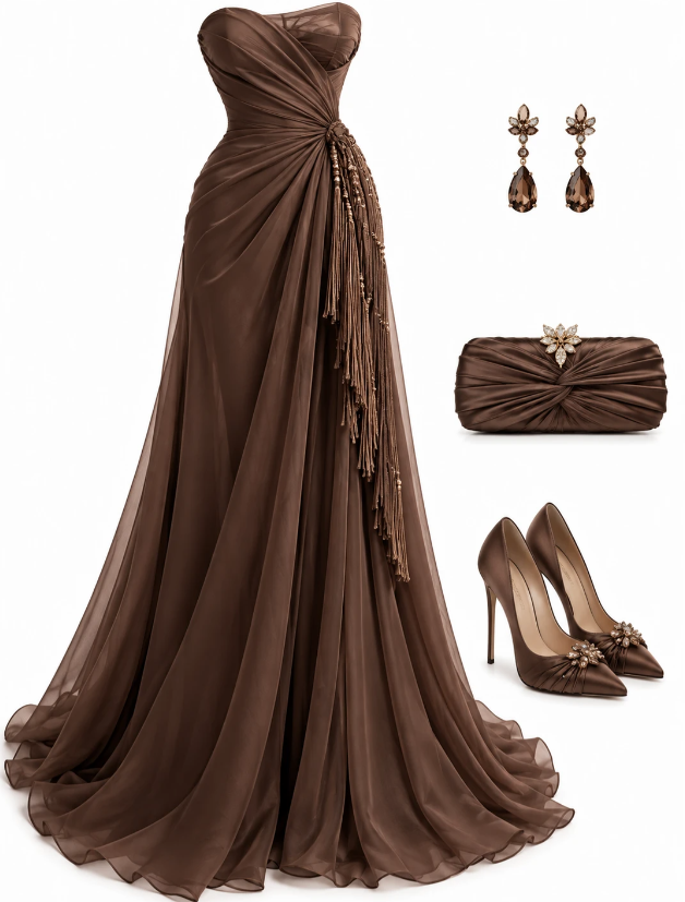 Gorgeous Strapless Sheath Chiffon Long Evening Dress Brown Prom Dress ED11704