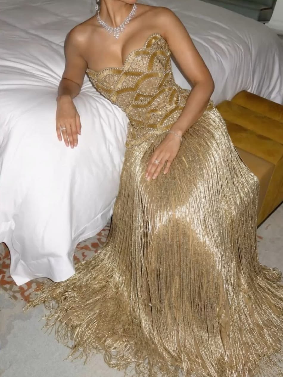 Gorgeous Strapless A-Line Tassel Long Evening Dress Gold Prom Dress ED11715