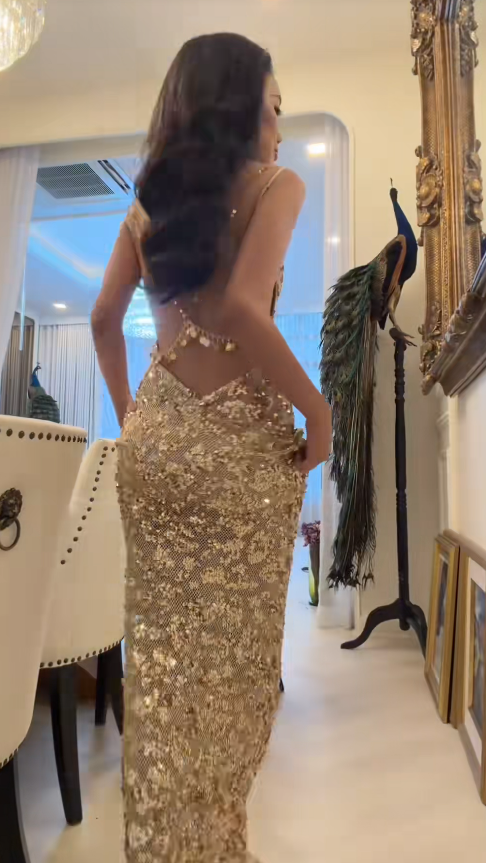 Fashion Straps Sheath Tulle Sequins Long Evening Dress Gold Prom Dress ED11720