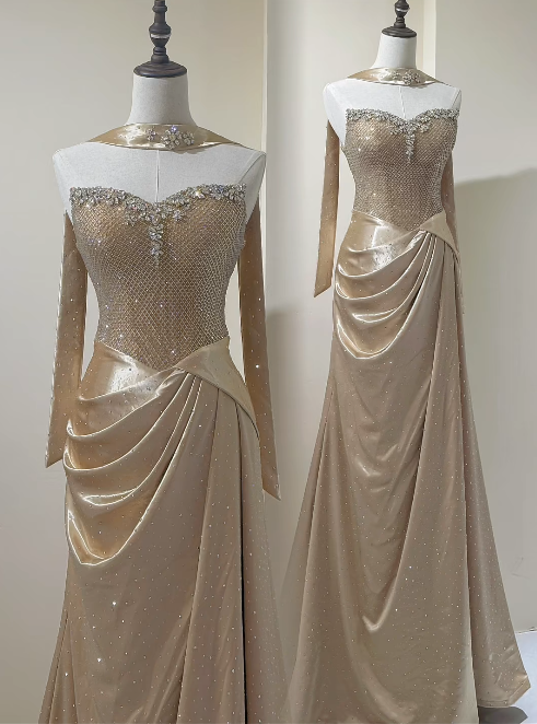 Modisches trägerloses, schmales Abendkleid aus Satin, langes goldenes Ballkleid ED11721