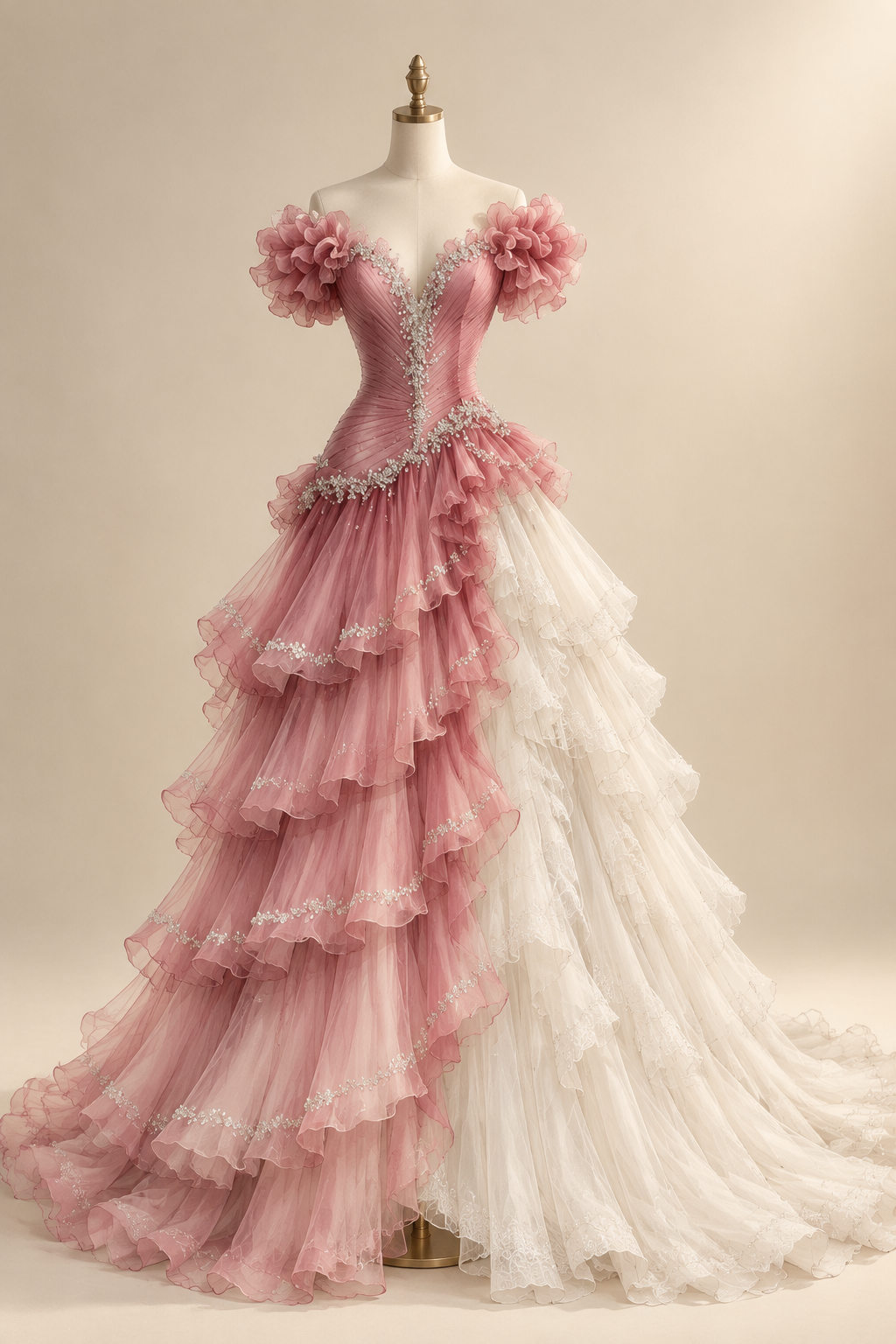Jolie robe de soirée longue trapèze en tulle avec épaules dénudées, robe de bal rose ED11745