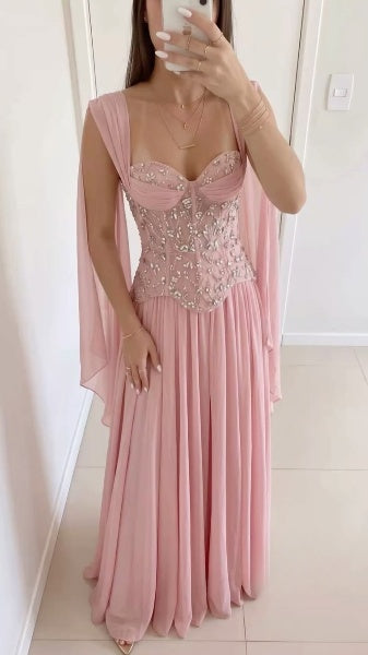Jolie robe de soirée longue en mousseline fourreau rose, robe de bal ED11746