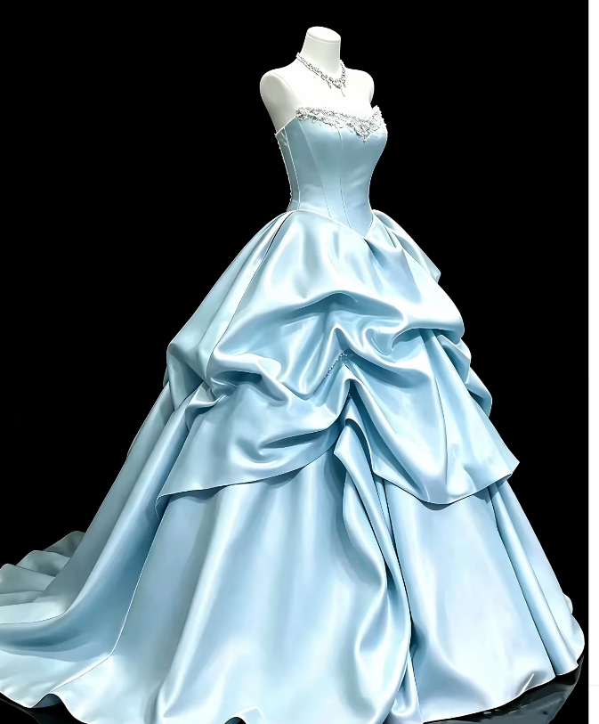 Chic Strapless A-Line Satin Long Evening Dress Blue Prom Dress ED11773