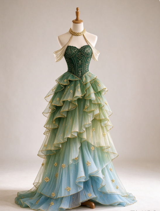 Pretty A-Line Tulle Beaded Long Evening Dress Green Prom Dress ED11794