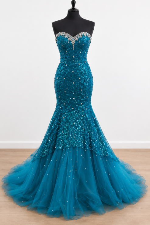 Magnifique robe de bal bleue sirène à paillettes, longue robe de soirée ED11814