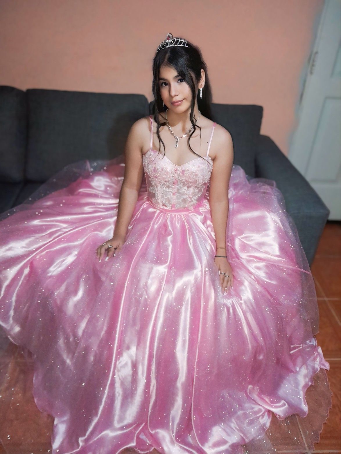 Wunderschönes rosa Abendkleid mit Trägern, A-Linie, Tüll, langes Ballkleid ED11823