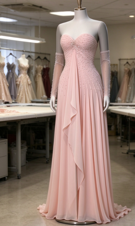 Wunderschönes rosa Abendkleid aus Chiffon mit herzförmigem Ausschnitt und schmaler Silhouette ED11826