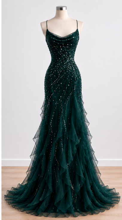 Magnifique robe de bal longue en mousseline vert foncé, ornée de perles, à bretelles et coupe fourreau — ED11831