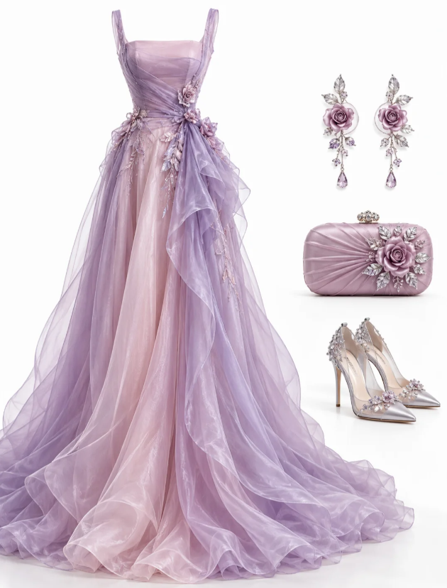 Robe de bal violette féerique à bretelles, coupe trapèze, pour Sweet 16, en tulle, longue robe de soirée ED11836