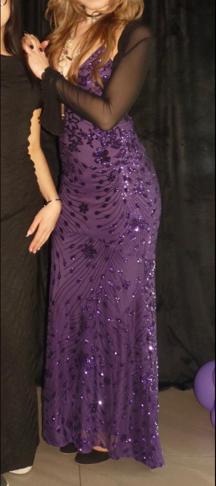 Robe de bal fourreau violette perlée style féerique, robe de soirée longue en mousseline ED11841