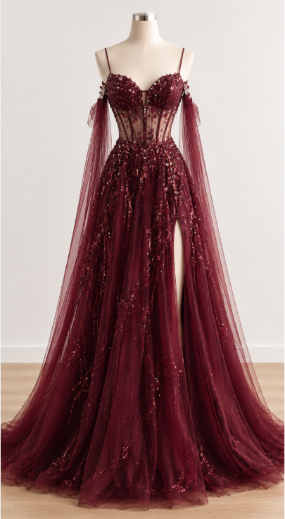 Robe de bal rouge glamour à bretelles, coupe trapèze, en mousseline perlée, longue robe de soirée ED11846