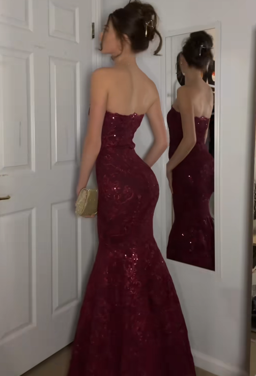 Robe de bal glamour bordeaux, coupe sirène bustier à sequins, robe de soirée longue ED11848