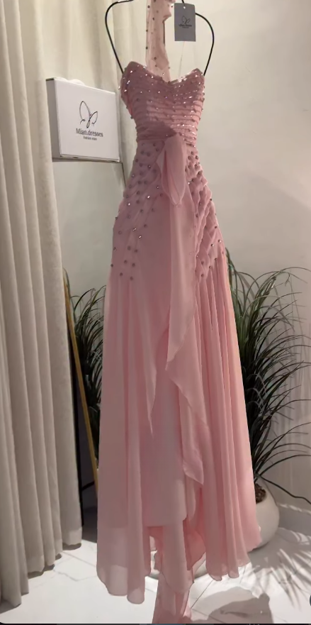 Pretty Strapless Sheath Chiffon Long Evening Dress Pink Prom Dress ED11888