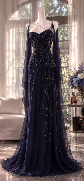 Pretty Sheath Beaded Chiffon Long Evening Dress Navy Blue Prom Dress ED11890