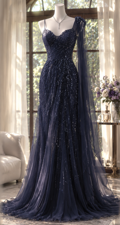 Chic Sheath Chiffon Beaded Long Evening Dress Navy Blue Prom Dress ED11896