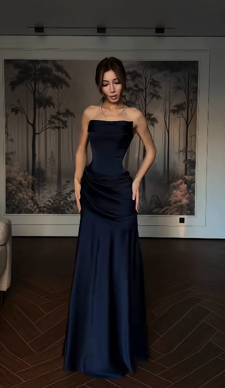 Chic Sheath Satin Long Evening Dress Navy Blue Prom Dress ED11897