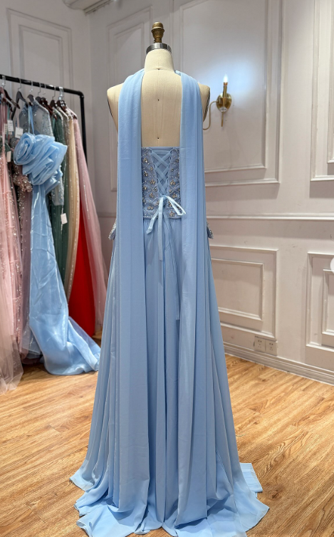 Chic Sheath Chiffon Long Evening Dress Pale Blue Prom Dress ED11898