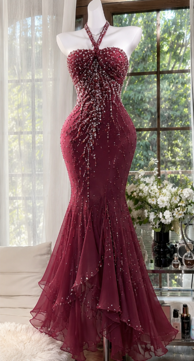 Vintage Sheath Chiffon Beaded Long Evening Dress Red Prom Dress ED11914