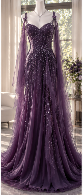 Pretty Sheath Chiffon Beaded Long Evening Dress Deep Purple Prom Dress ED11926