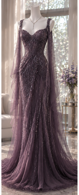Pretty Sheath Beaded Chiffon Long Evening Dress Deep Purple Prom Dress ED11928