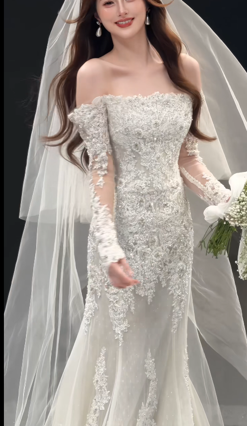 Eternal Mermaid Wedding Dress White Long Bridal Dress Tulle Appliques Bridal Gown ED11941