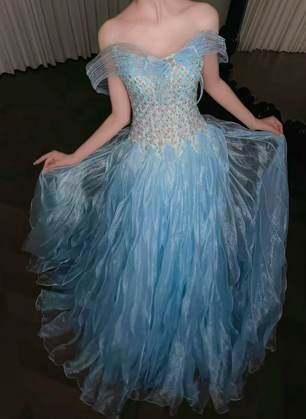 Gorgeous Off-shoulder A-Line Tulle Long Evening Dress Blue Prom Dress ED11943