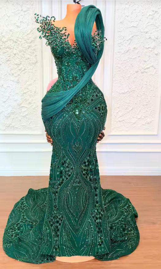 Fashion Sweetheart Sheath Tulle Beaded Long Evening Dress Dark Green Prom Dress ED11951