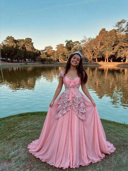 Wunderschönes langes A-Linien-Abendkleid aus Chiffon mit Pailletten, rosa Ballkleid ED11966