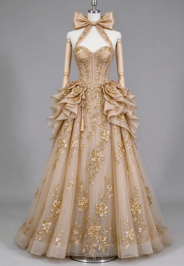Fairy Sweet 16 Dresses A-Line Tulle Long Evening Dress Gold Prom Dress ED11968