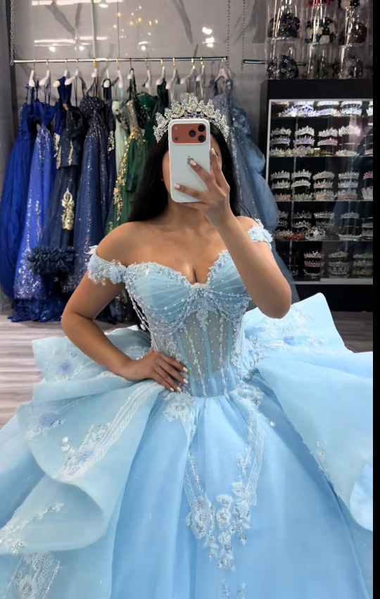 Robe de bal de 16 ans féerique, longue robe de quinceañera bleue en tulle perlé ED11973