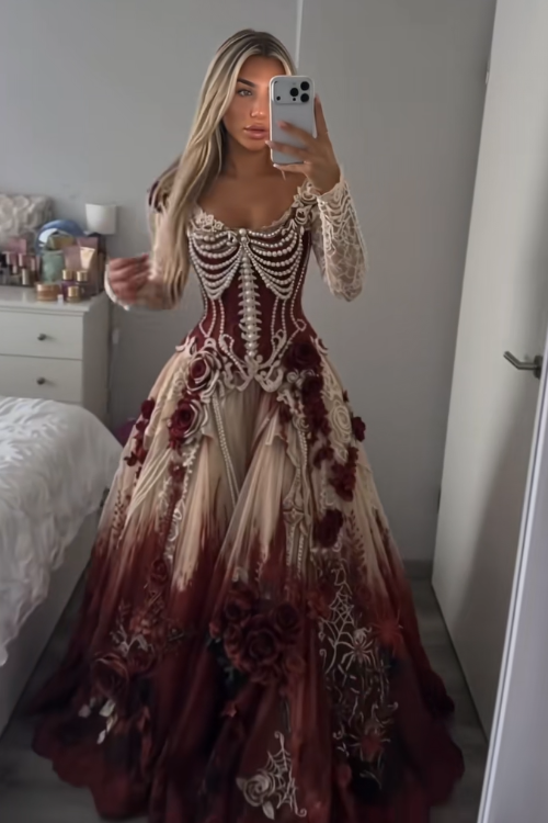 Schickes burgunderrotes, perlenbesetztes A-Linien-Abiballkleid aus Tüll, langes Abendkleid ED11979